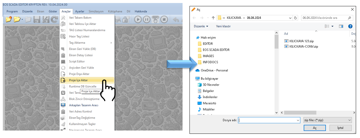 EOS SCADA project import selection window